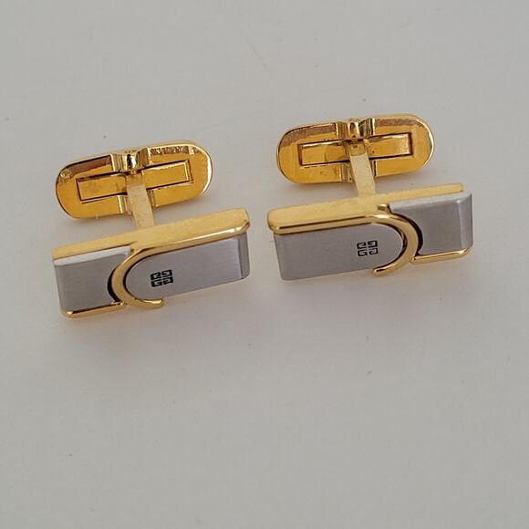 Givenchy Cufflinks Set Gold Silver Tone Rectangle Logo Vintage Designer Geometri - Picture 2 of 7